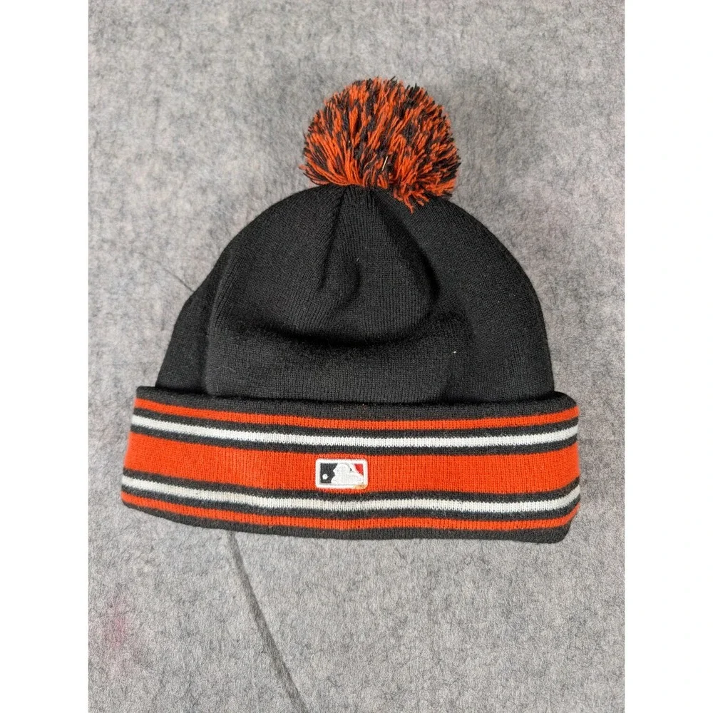 Baltimore Orioles MLB Knit Pom Beanie Hat Black Orange Striped Cartoon Bird Logo